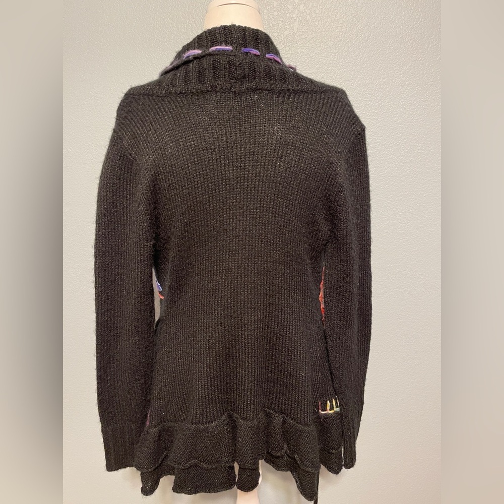 Forla Paris Sweater Black Wool Blend Floral Applique Ruffle Boho Grungy Medium - Picture 6 of 10